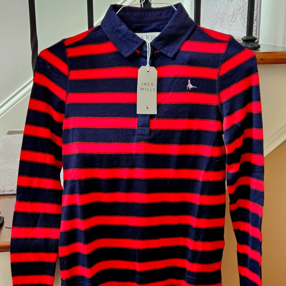 JACK WILLS Women's Knitted Stripe Rugby Top, Navy/Red, Sz 4